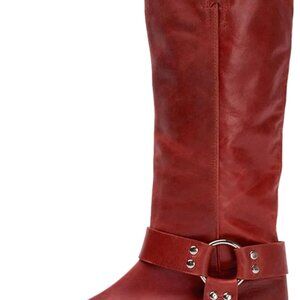 Stylish Slip-On Red Biker Boots with Square Toe & 1-2 Inch Heel Comfort